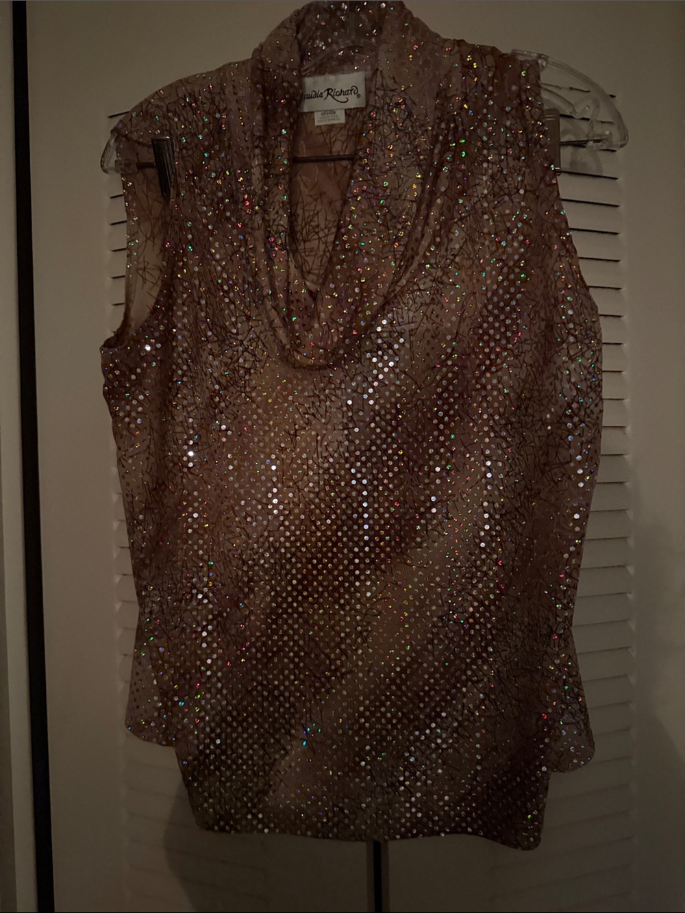 Claudia Richard Taupe Sequin Sleeveless Cowl Neck Top